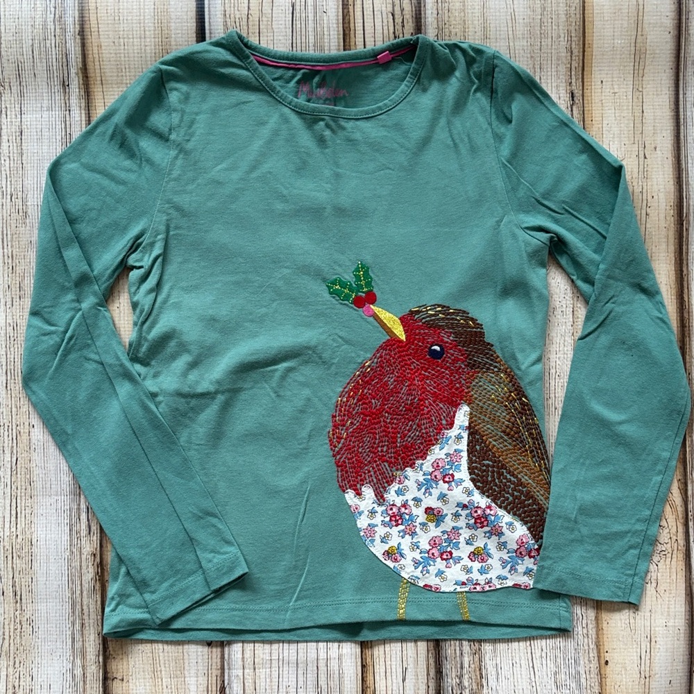Mini Boden Green Long Sleeve Tee with Robin Design